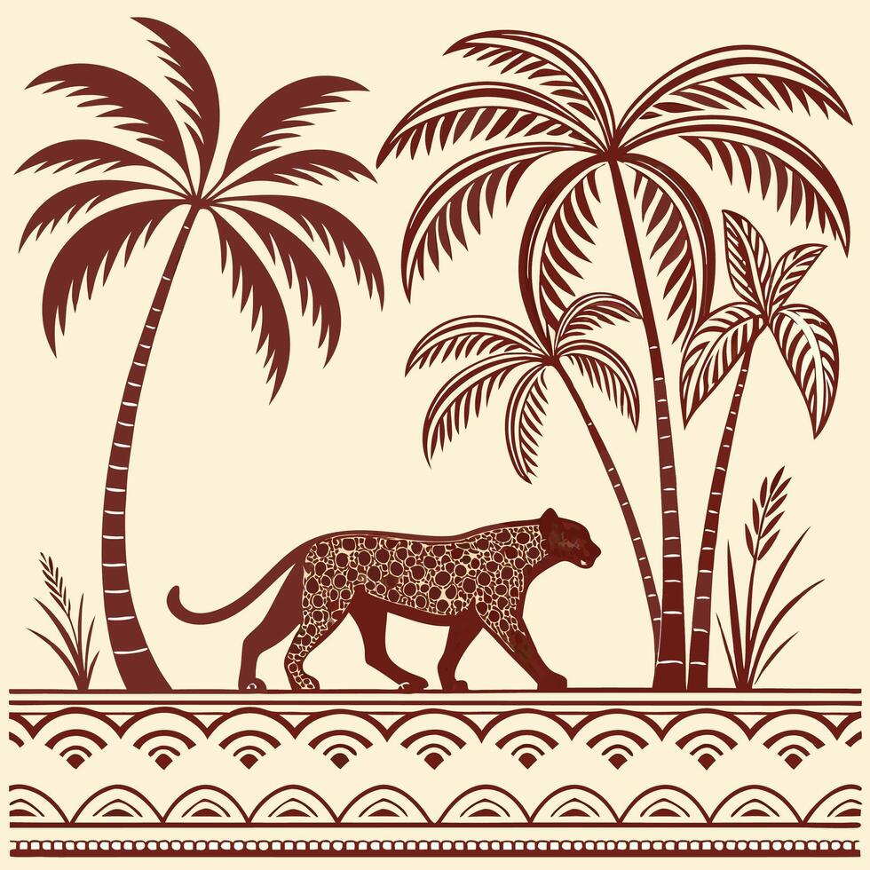 jaguar walking on the beach with palm trees and a pattern vector