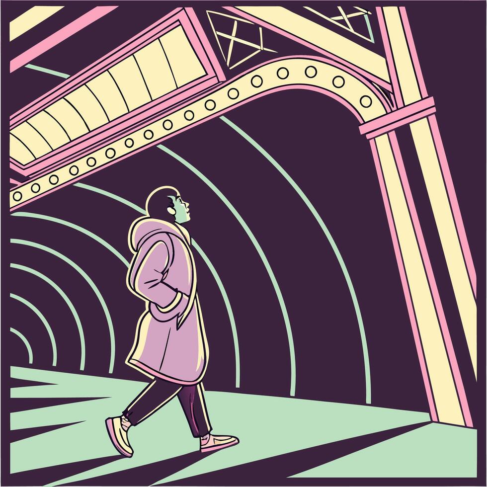 a man walking under a tunnel with a light vector