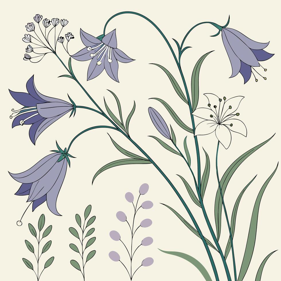 a set of flowers and leaves on a beige background vector