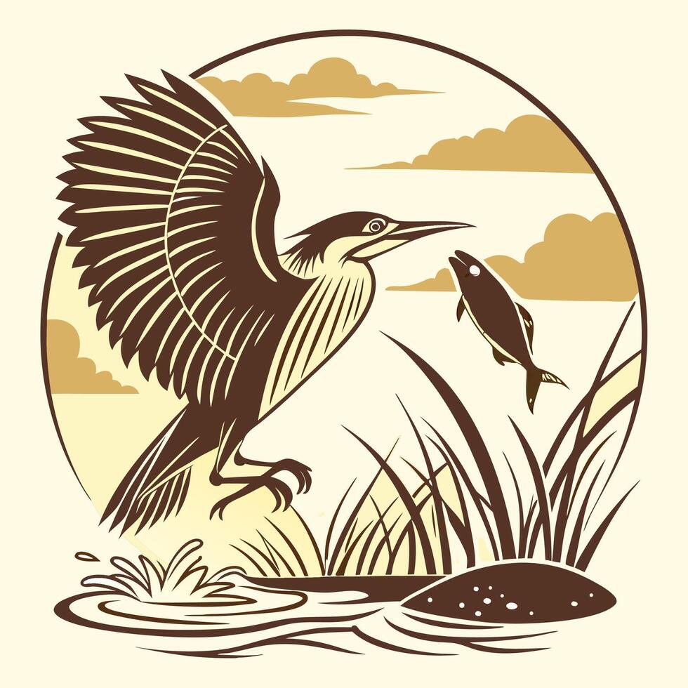 a bird flying over a lake with fish in its beak vector
