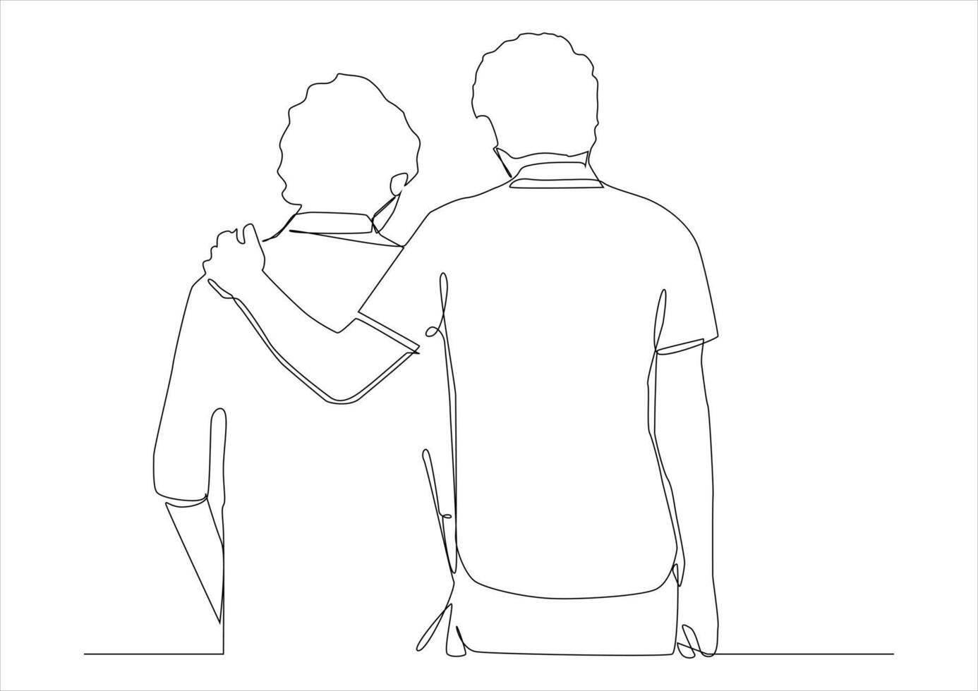 Continuous one line art of two men stand side by side and one put his hand on the other. Concept male hug, friendship, love, brotherhood. vector