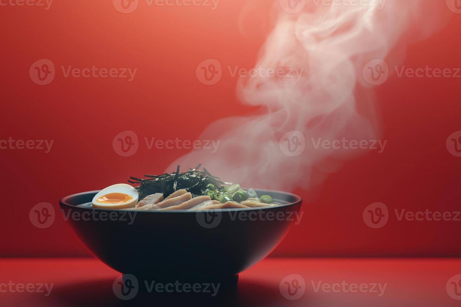 A steaming bowl of ramen features slices of meat, a soft-cooked egg, and seaweed on top. The vibrant red background enhances the cozy atmosphere surrounding the dish. photo