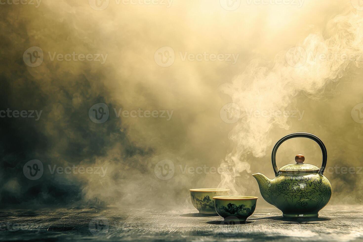 A traditional tea kettle sits beside two cups, surrounded by soft steam. The warm light enhances the tranquil atmosphere, creating a sense of calm and comfort, ideal for tea enjoyment. photo
