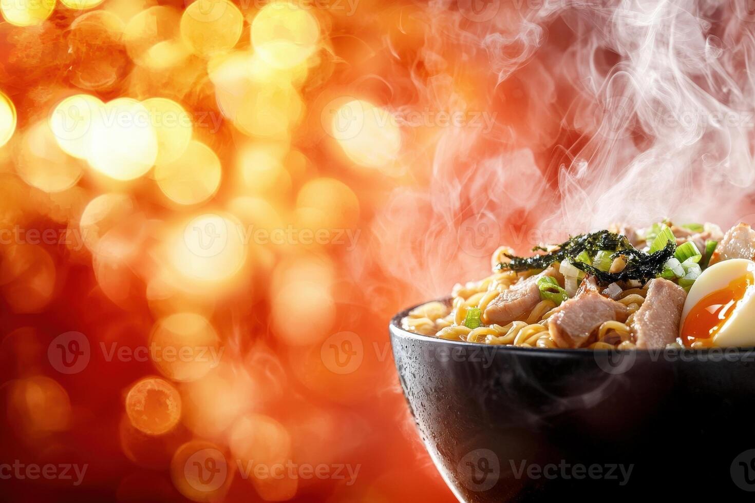 A steaming bowl of ramen is presented with toppings of sliced pork, green onions, and seaweed. The warm bokeh background enhances the cozy atmosphere. Ideal for food lovers. photo