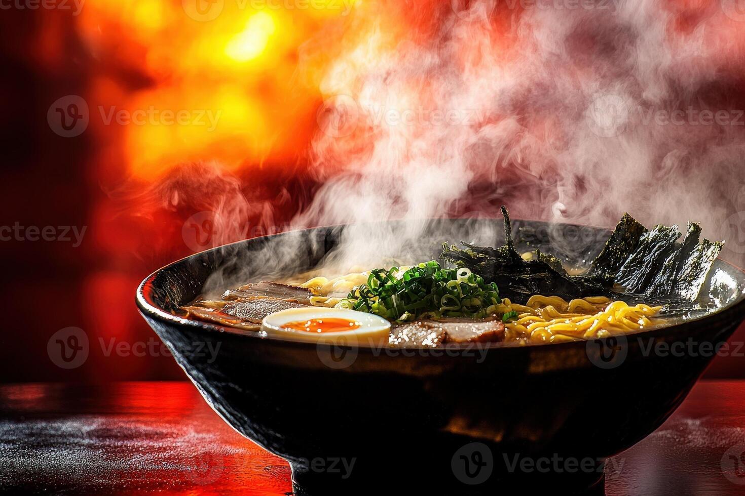 A beautiful bowl of ramen steams with a rich broth, topped with sliced pork, green onions, seaweed, and a soft-boiled egg. The warm lighting creates a cozy atmosphere perfect for enjoying this dish. photo