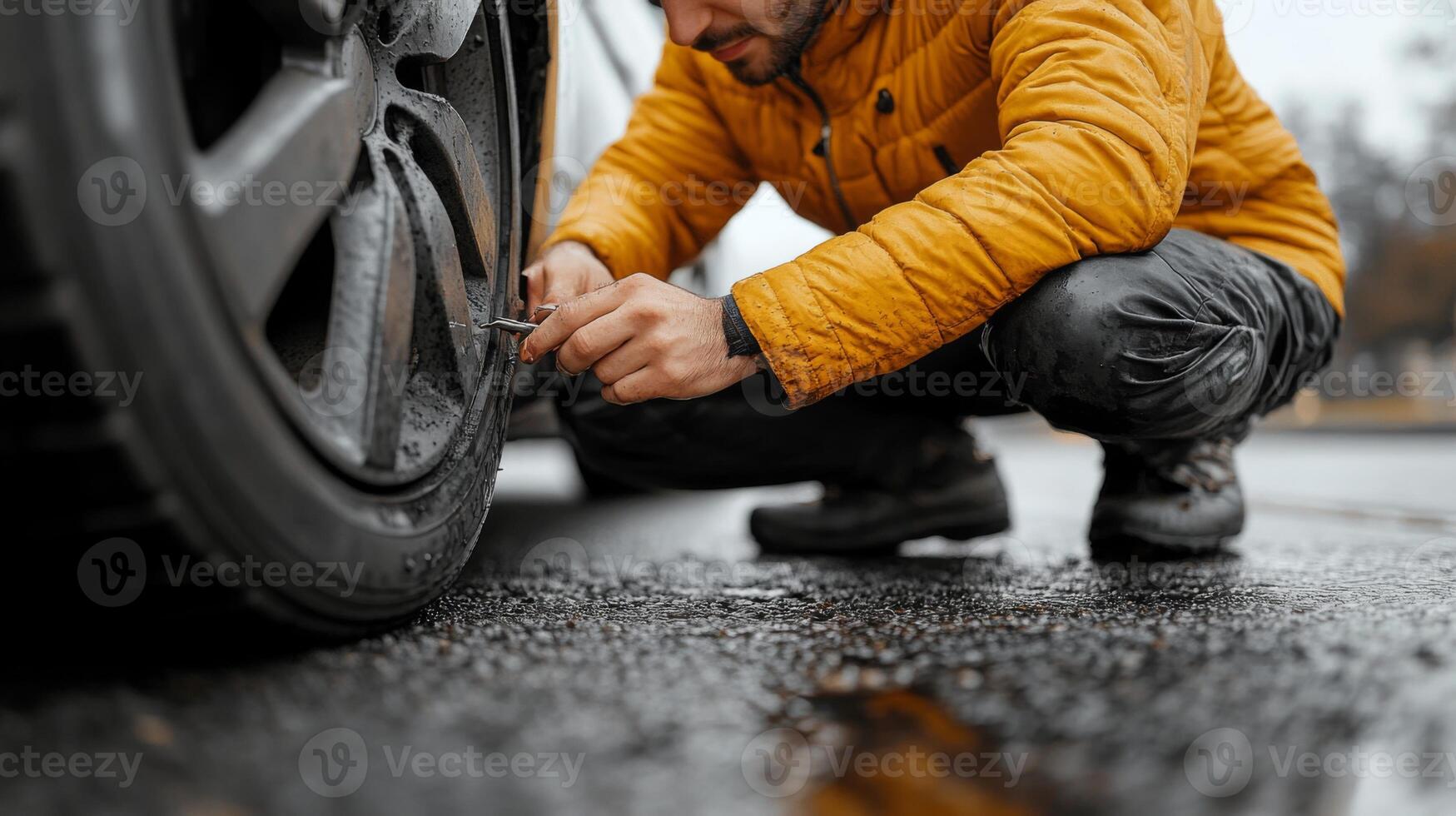 A man is fixing a tire on a car photo