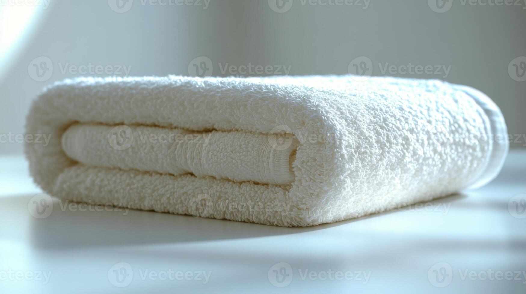A folded towel on a table in front of a window photo