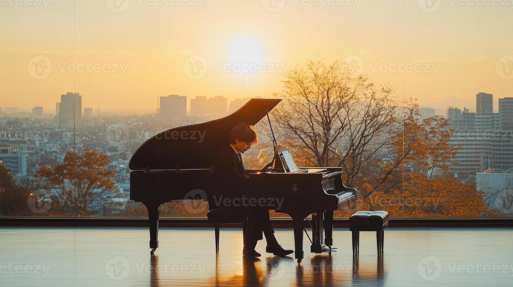 A person playing a grand piano in front of a cityscape photo