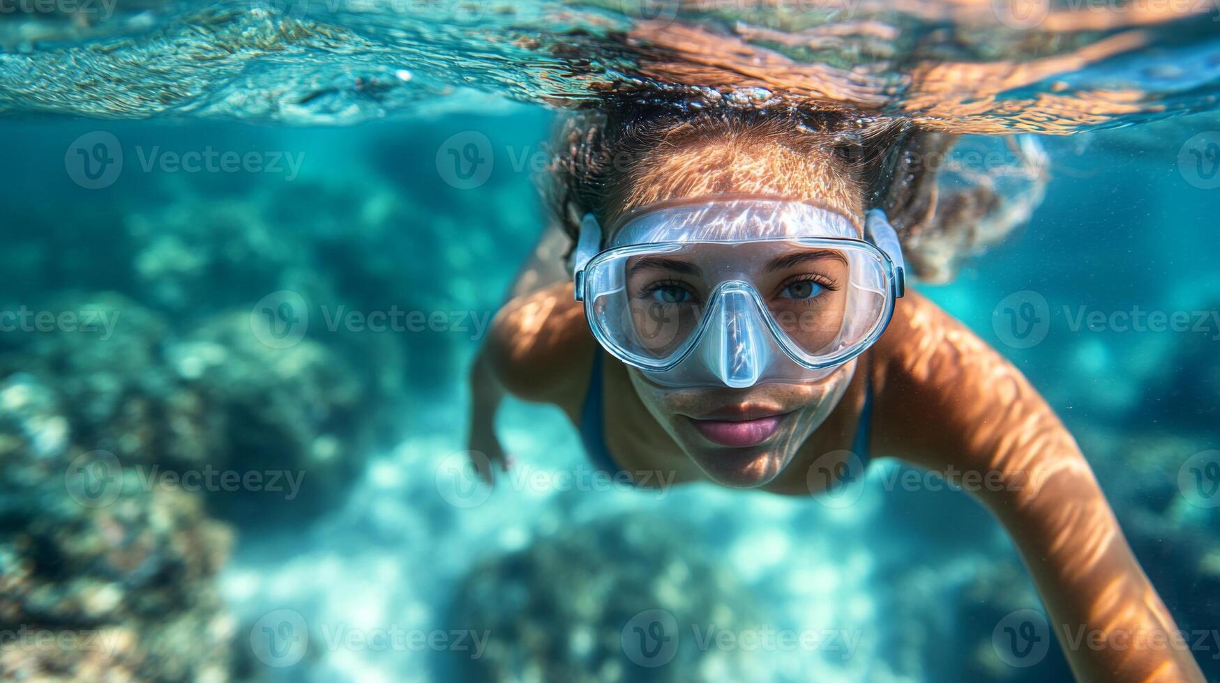 A woman wearing a snorkel and goggles in the ocean photo