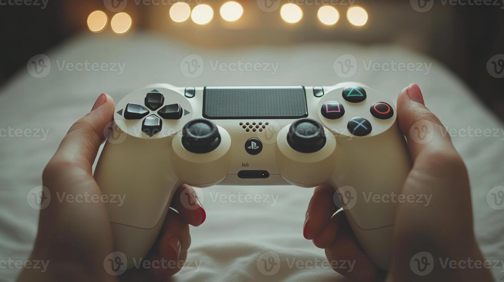 A person holding a game controller on a bed photo