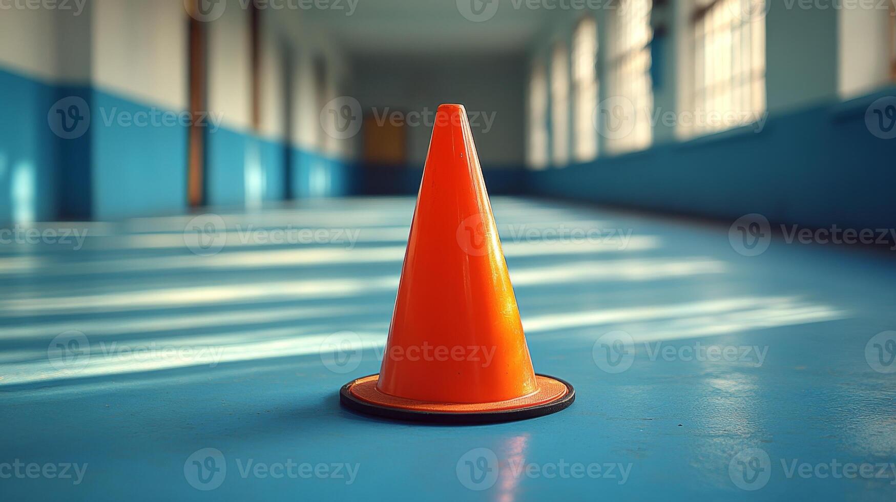 A traffic cone sitting on the floor in a hallway photo
