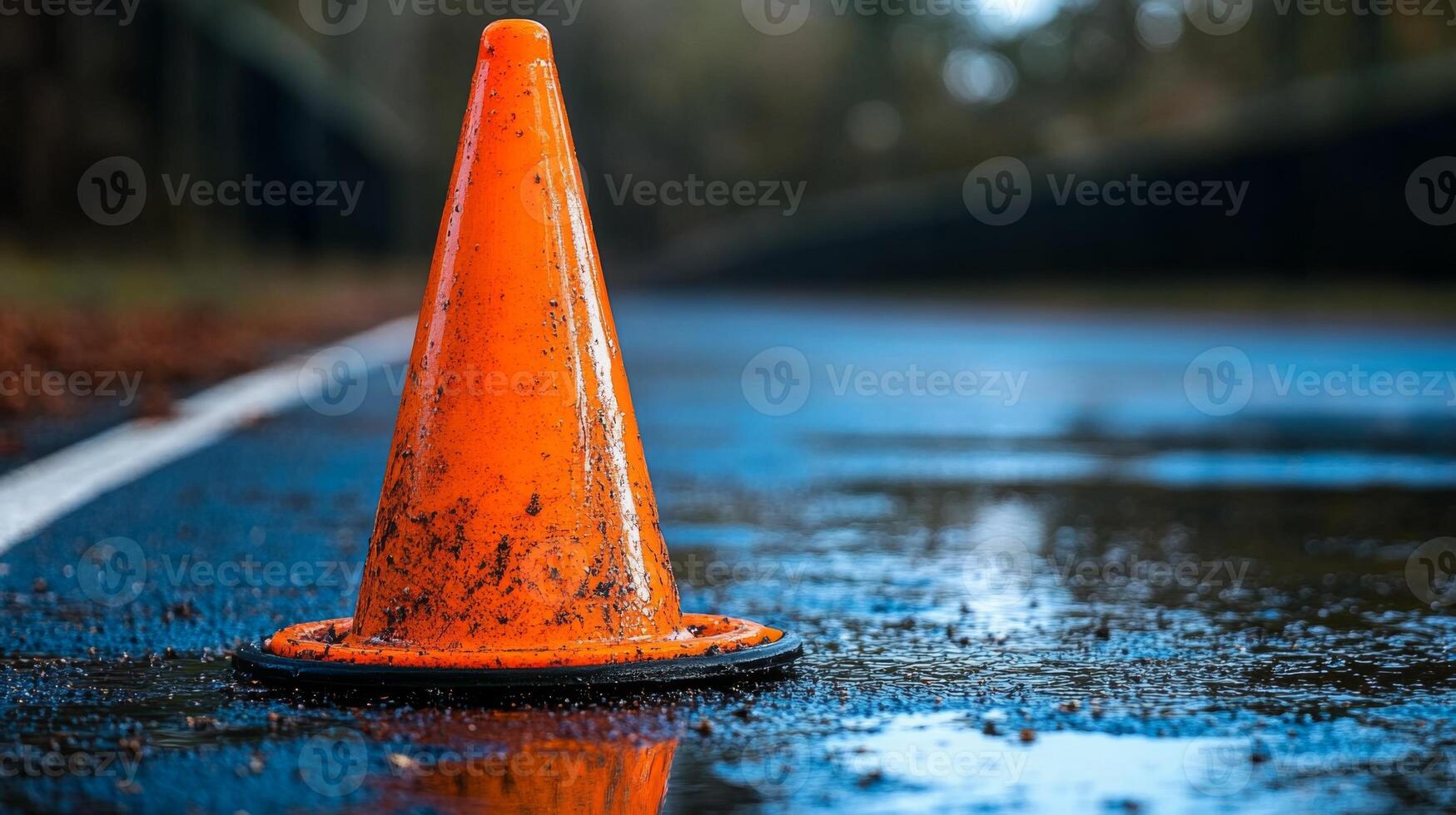An orange traffic cone sitting on the side of a wet road photo