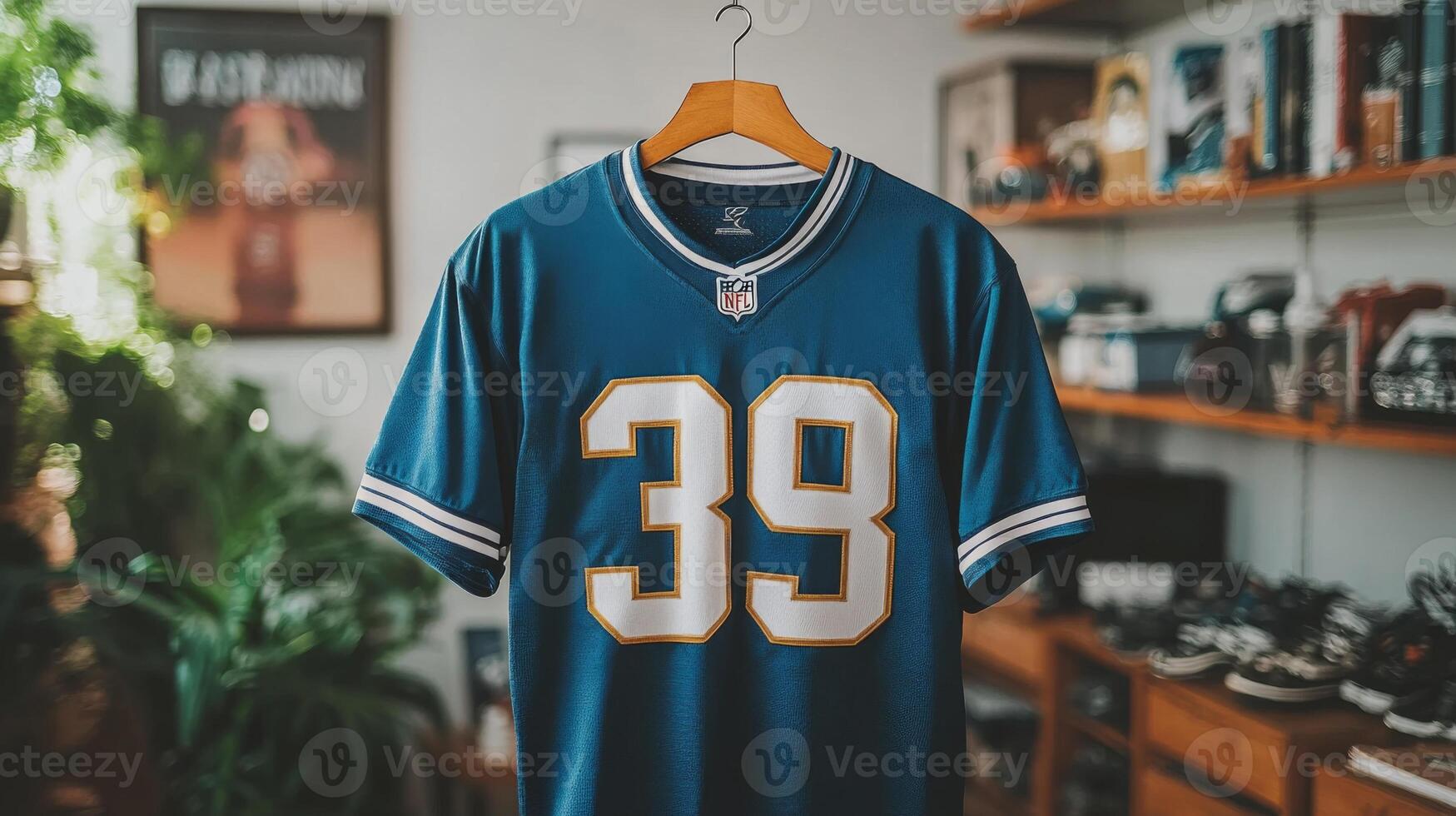 Blue and Gold NFL Jersey Hanging on a Wooden Hanger photo