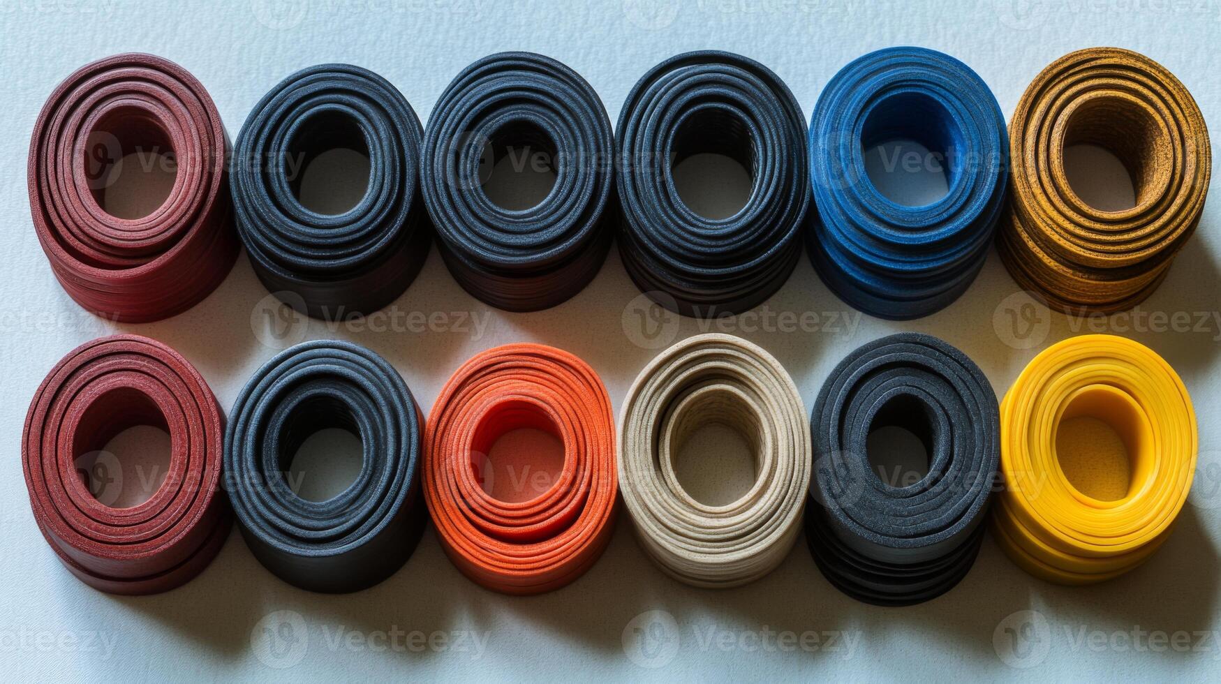 Colorful Rolled Leather Rings Arranged in Rows photo