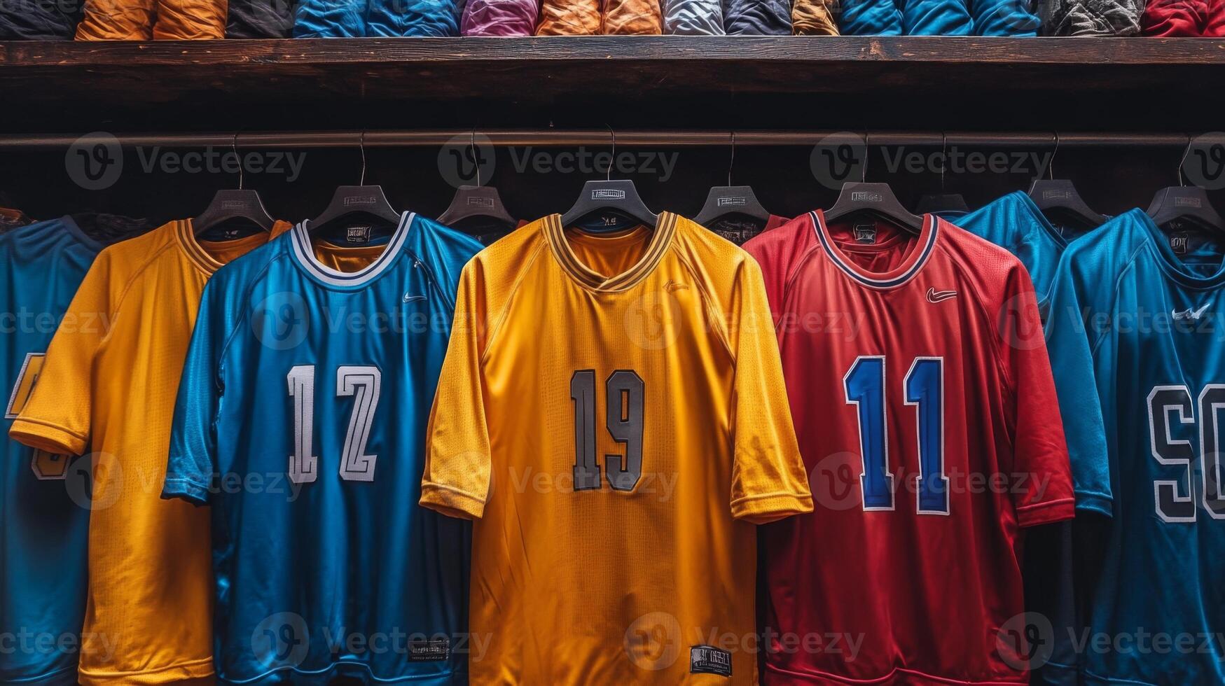 Collection of Colorful Sports Jerseys Hanged on Racks in a Store photo