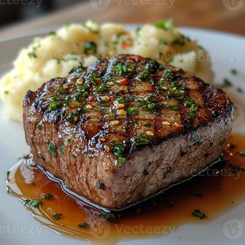 Grilled Steak with Mashed Potatoes and Herb Sauce photo