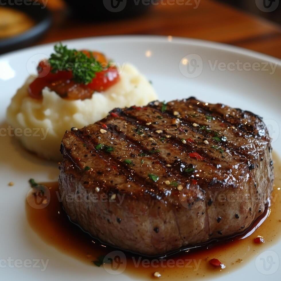 Grilled Steak with Mashed Potatoes and Sauce photo