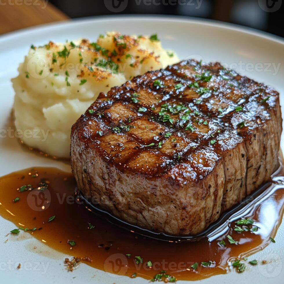 Flavorful Grilled Steak with Velvety Mashed Potatoes and Hearty Gravy photo