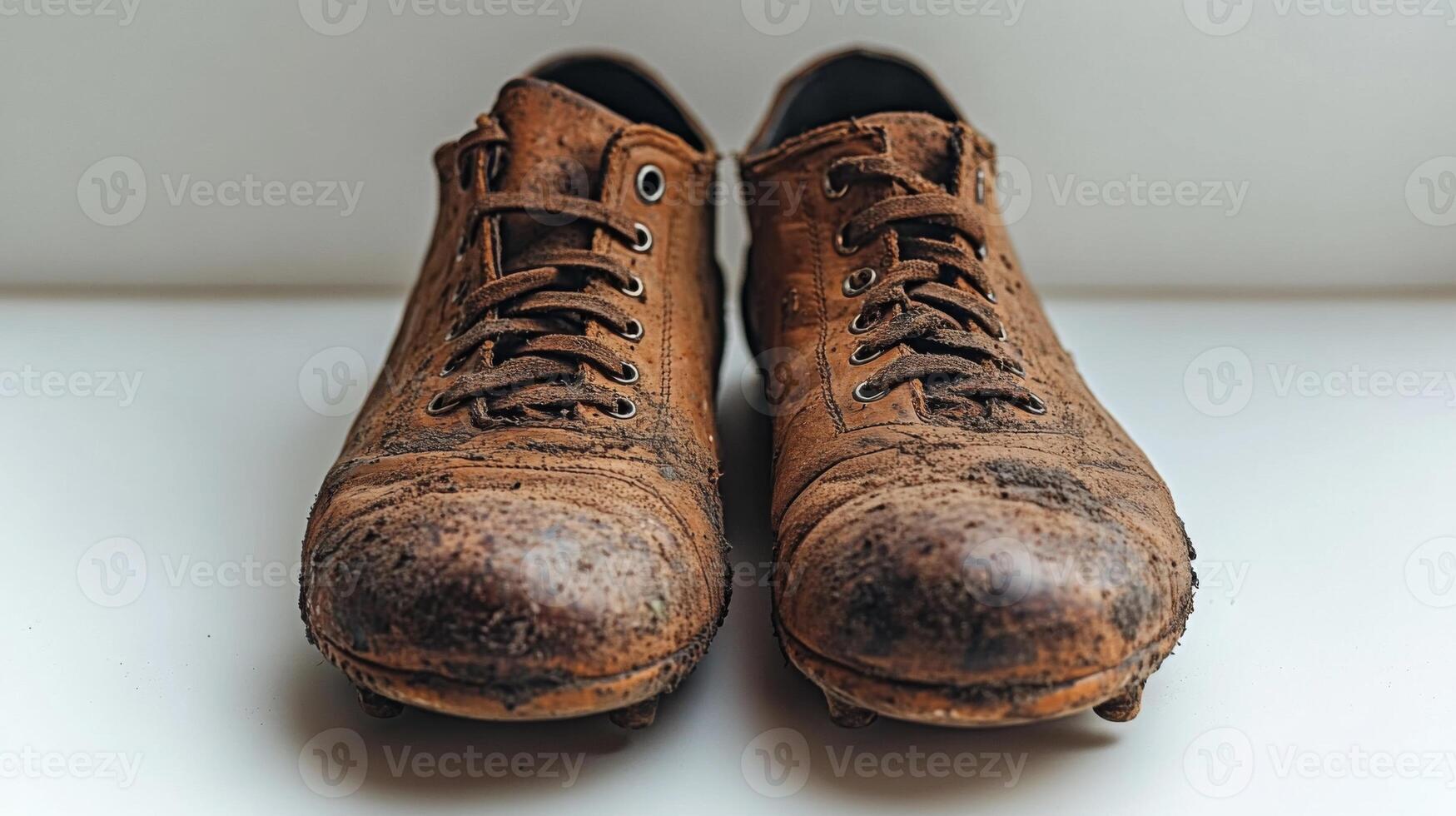 A pair of old brown shoes on a white surface photo