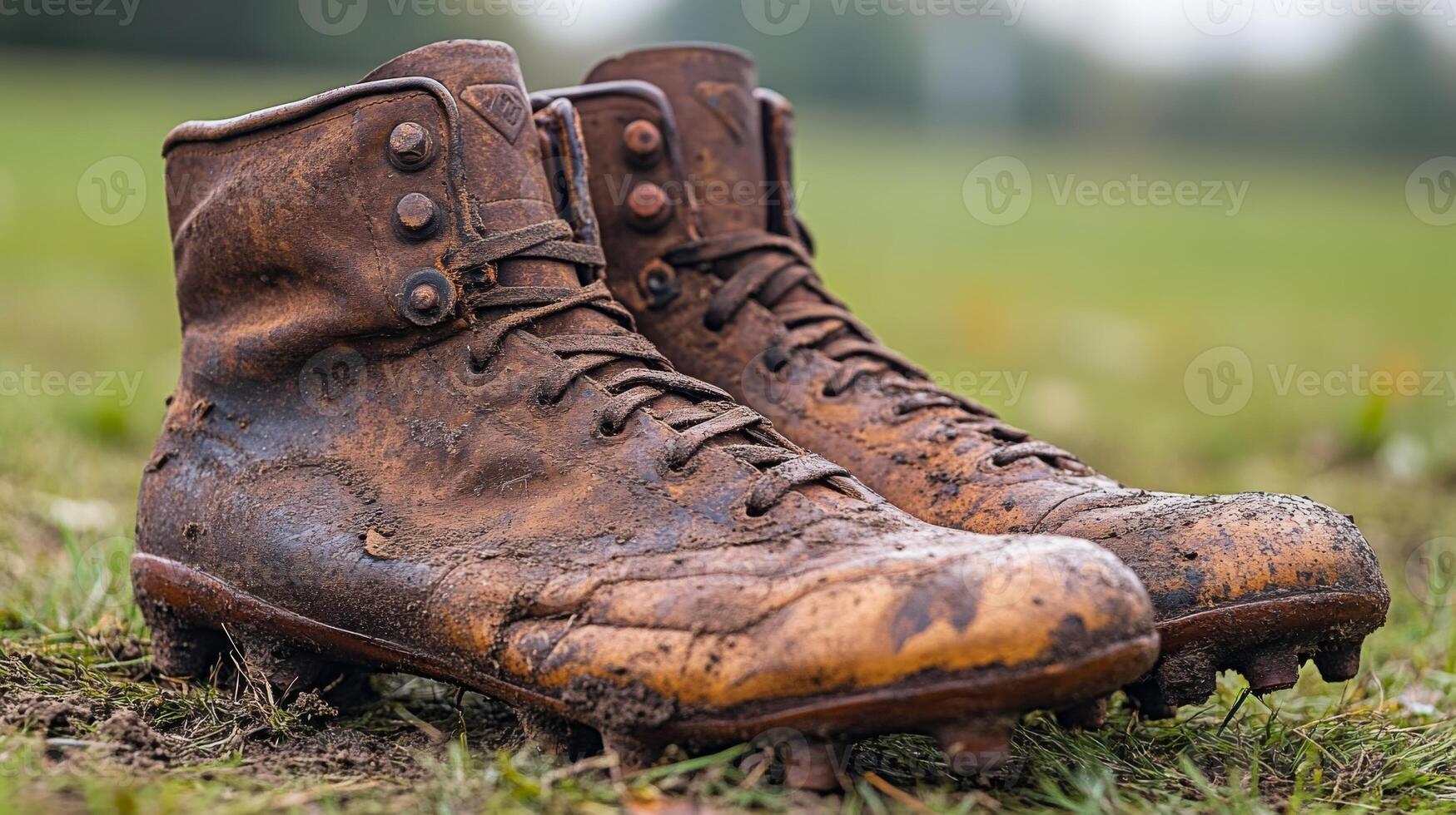 Muddy Leather Boots Resting on Grass photo