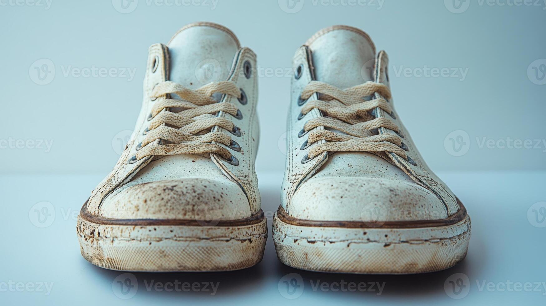 A pair of dirty white sneakers on a table photo