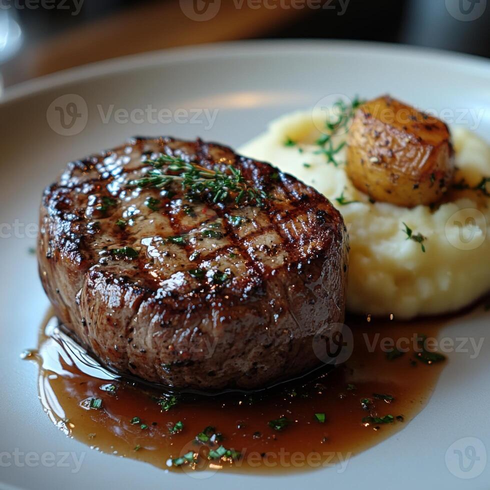 Grilled Steak with Mashed Potatoes and Roasted Garlic photo