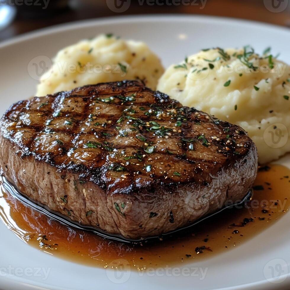 Grilled Steak with Mashed Potatoes and Gravy photo