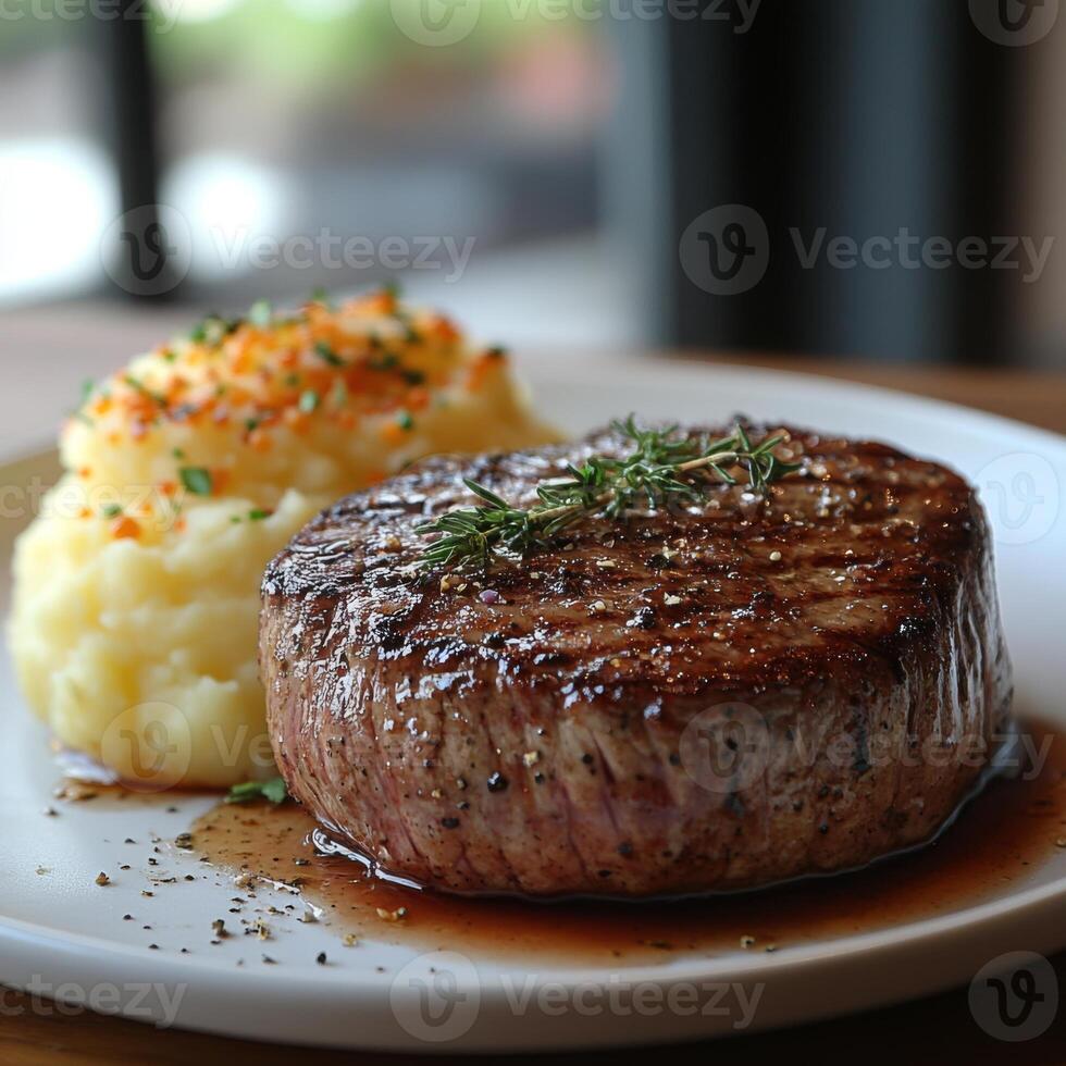 A steak and mashed potatoes on a white plate photo