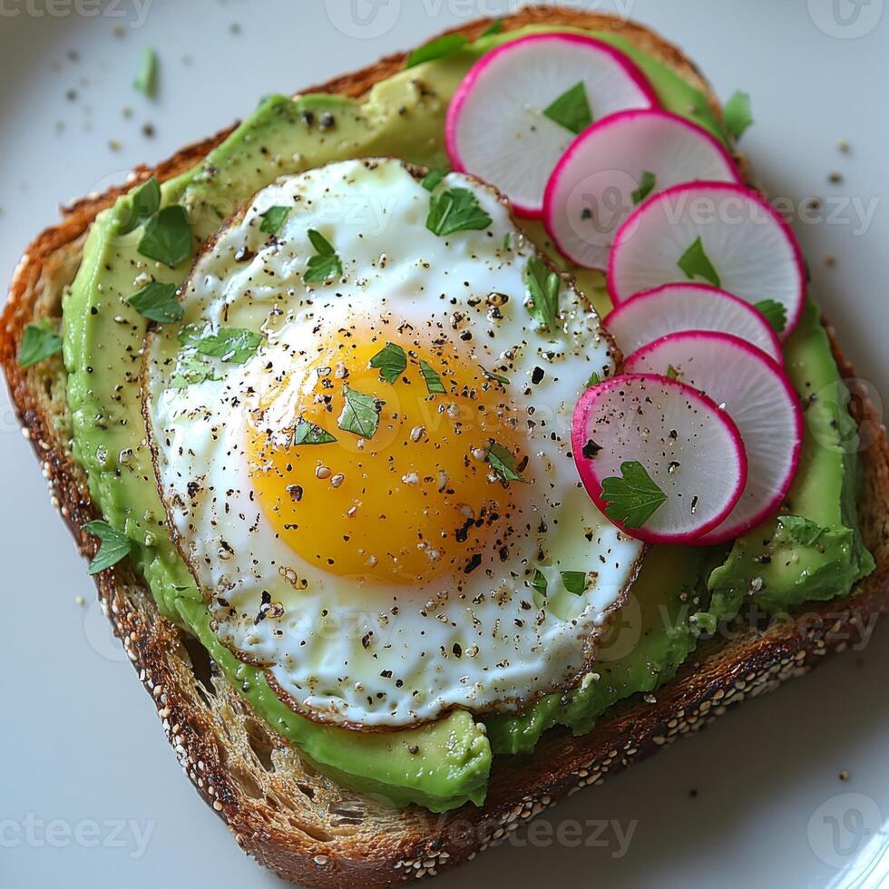 Avocado Toast with Fried Egg and Radishes photo