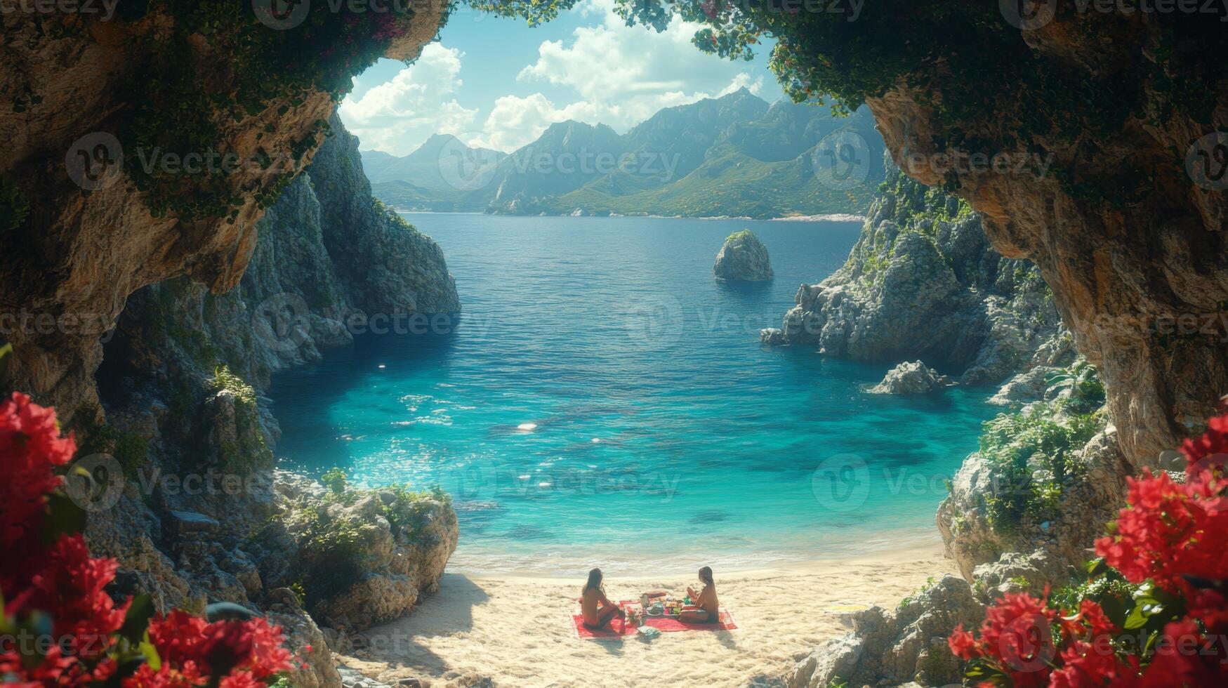 Secluded Beach Cove with a View of Mountains photo