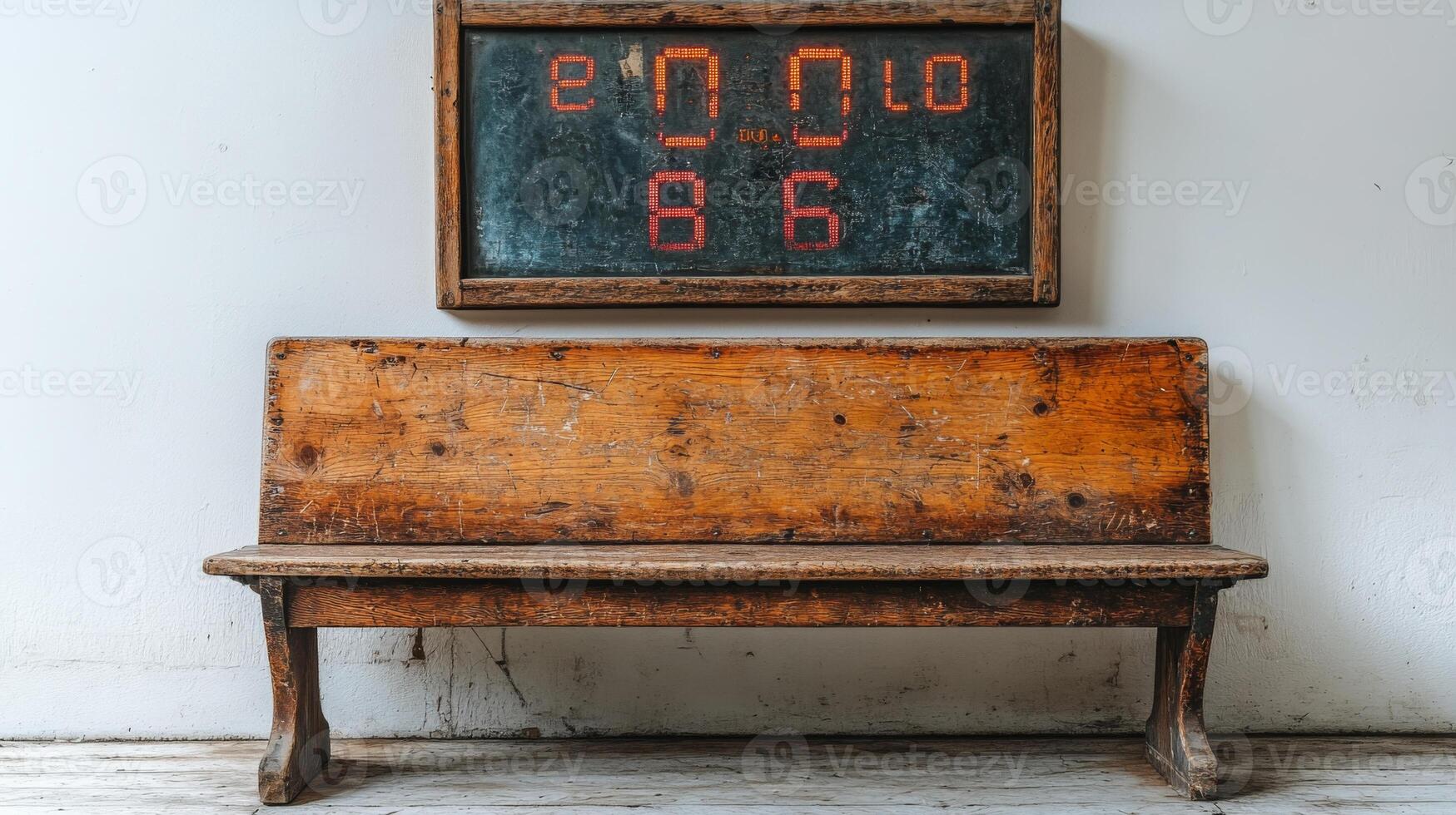 Vintage Scoreboard and Wooden Bench in a Rustic Setting photo