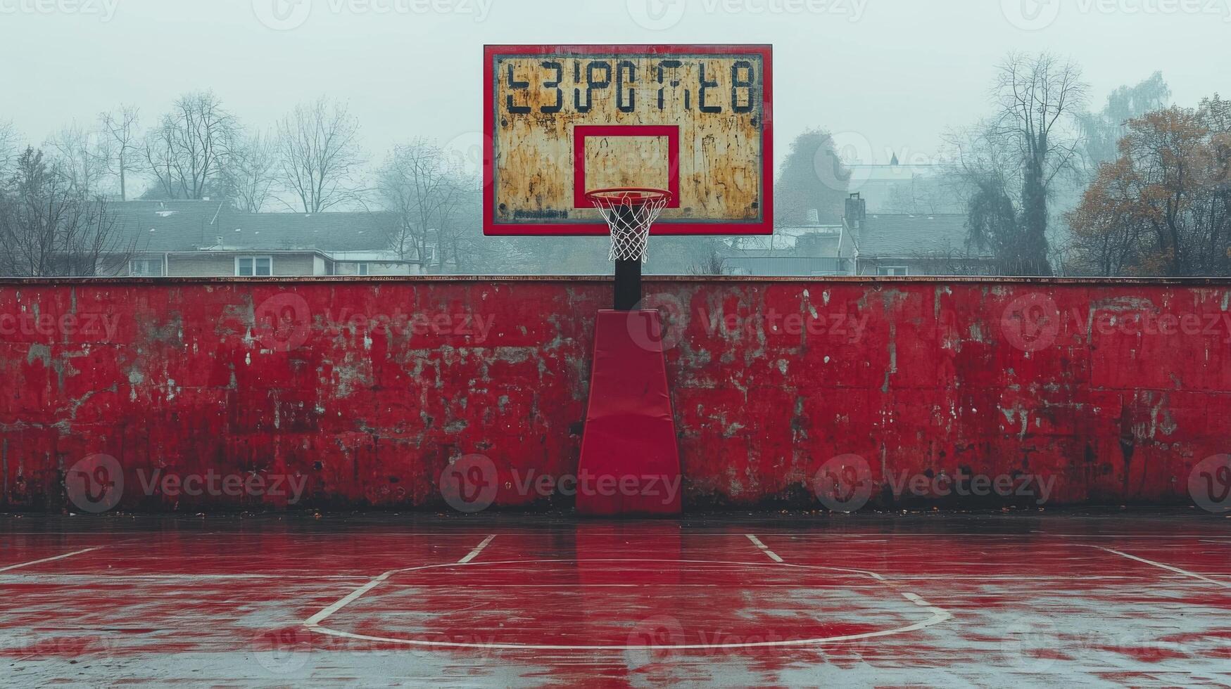 Basketball Hoop Against a Red Wall in the Rain photo