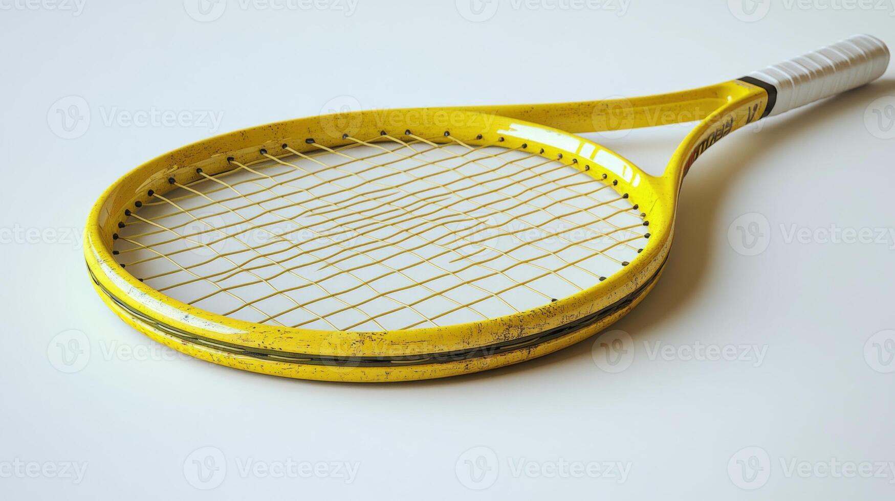 Yellow Tennis Racket with Worn Strings photo