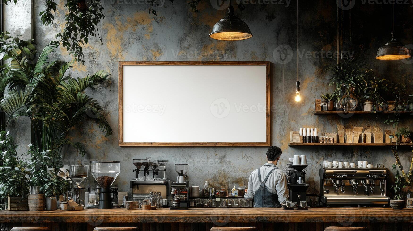 Rustic Coffee Shop Interior with Blank Signboard photo