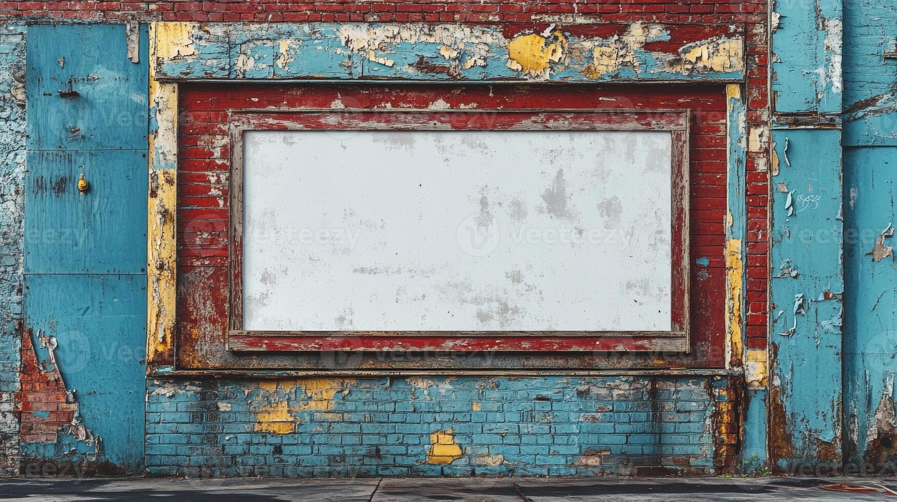 Rustic Vintage Blank Billboard on Weathered Brick Wall photo
