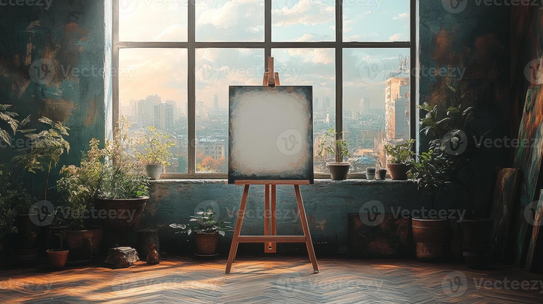 Artistic Studio with City View, A Blank Canvas Awaits Inspiration photo