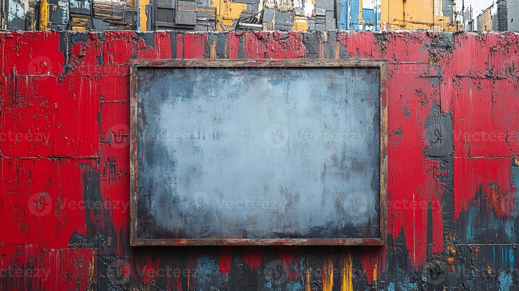 Rustic Blank Sign on Weathered Red Wall photo