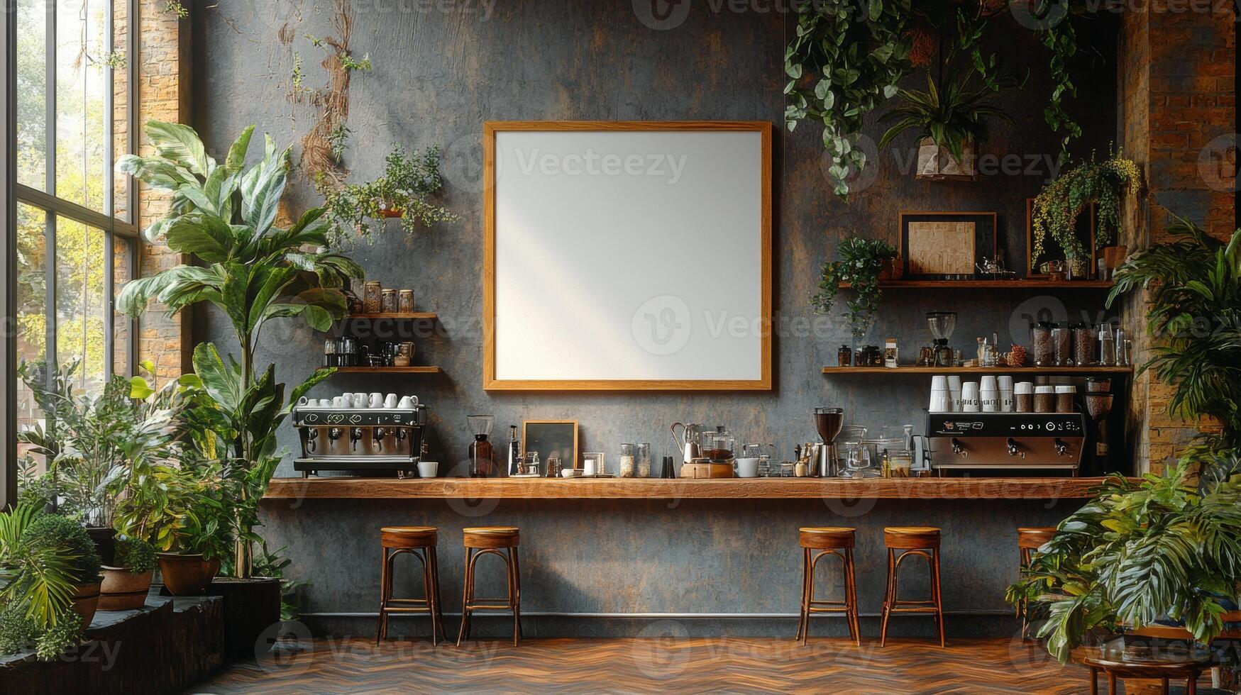 Lush Greenery Coffee Shop Mockup, Serene Cafe Interior Design with Blank Sign photo