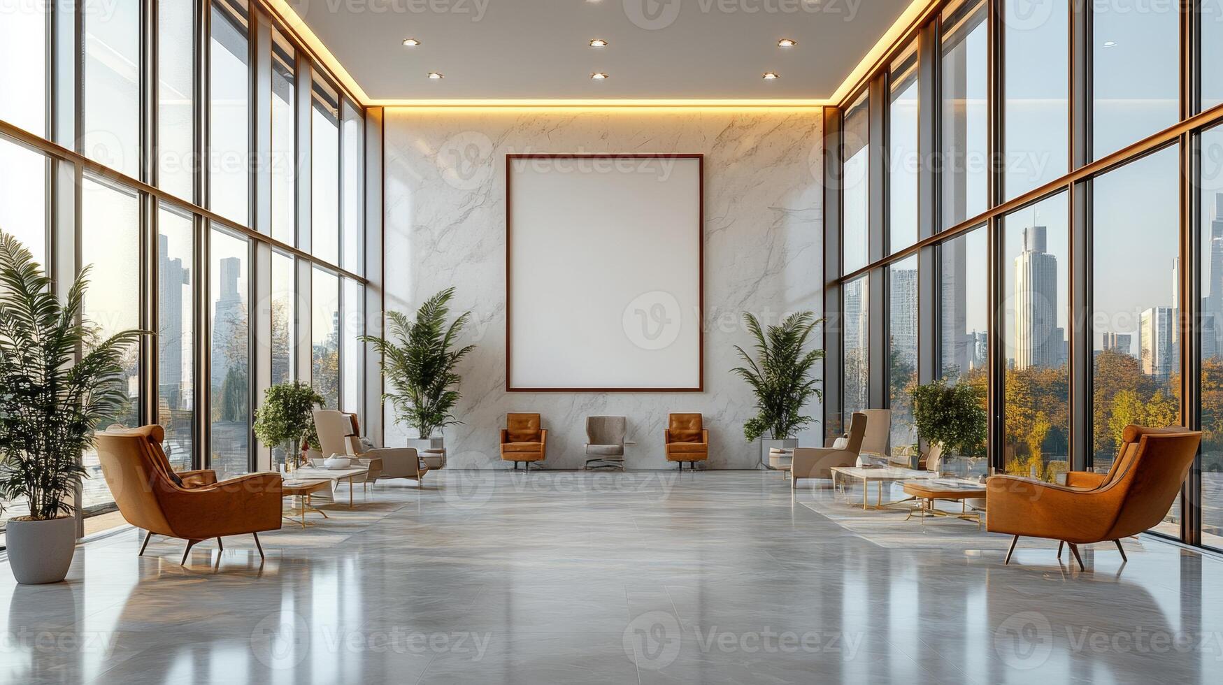 Modern Lobby with Panoramic City View and Minimalist Design photo