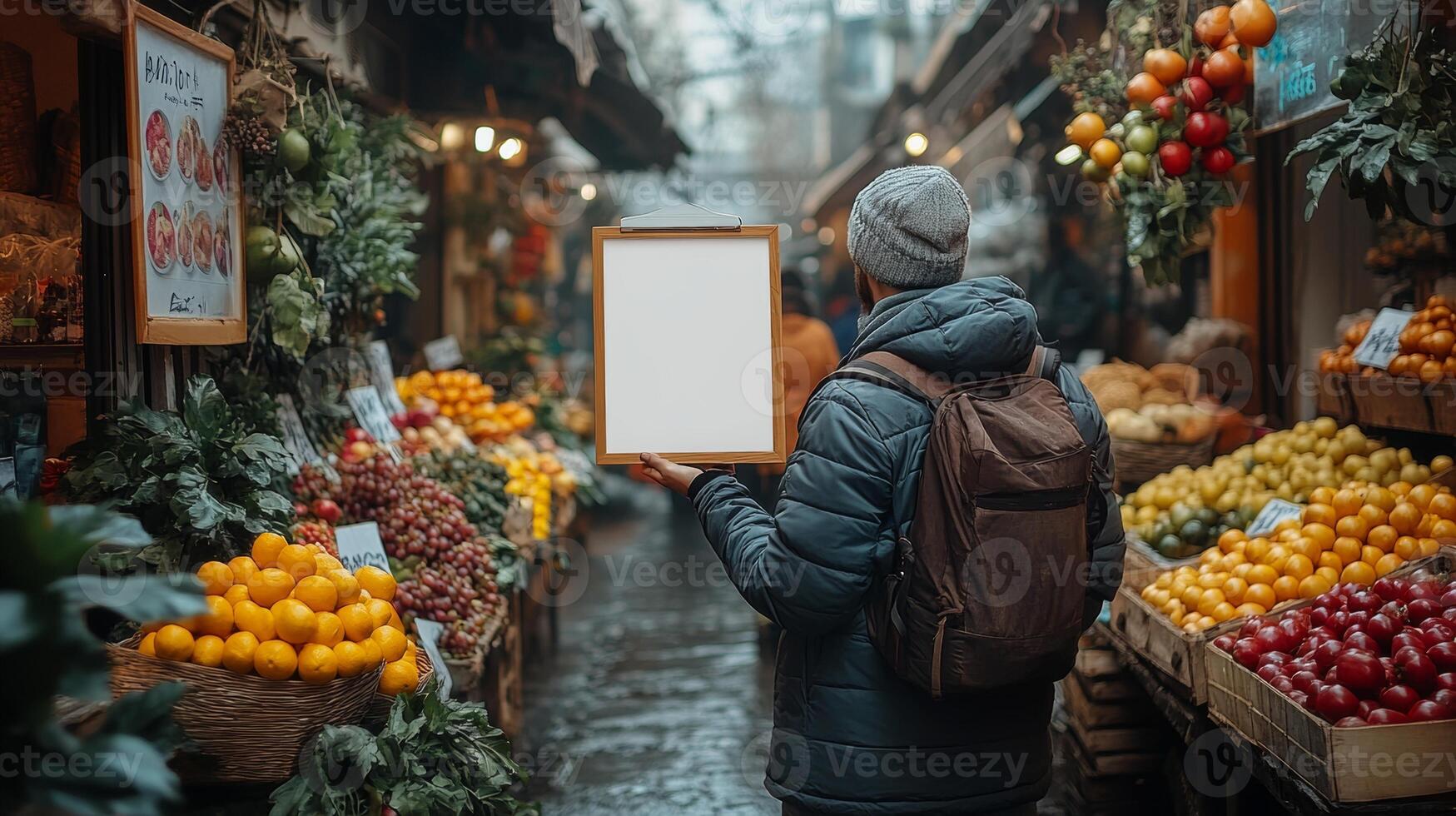 A Traveler Holding a Blank Sign in a Vibrant Fruit Market photo