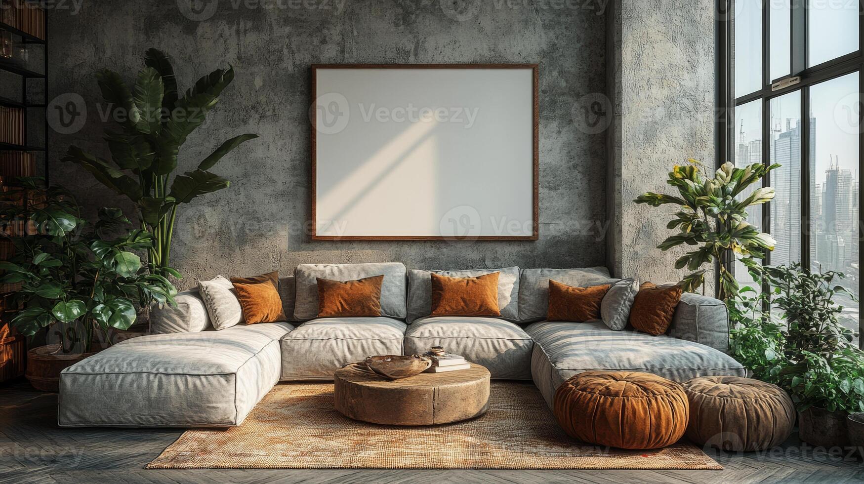 Modern Living Room Interior Design with Large Sectional Sofa, Plants, and City View photo