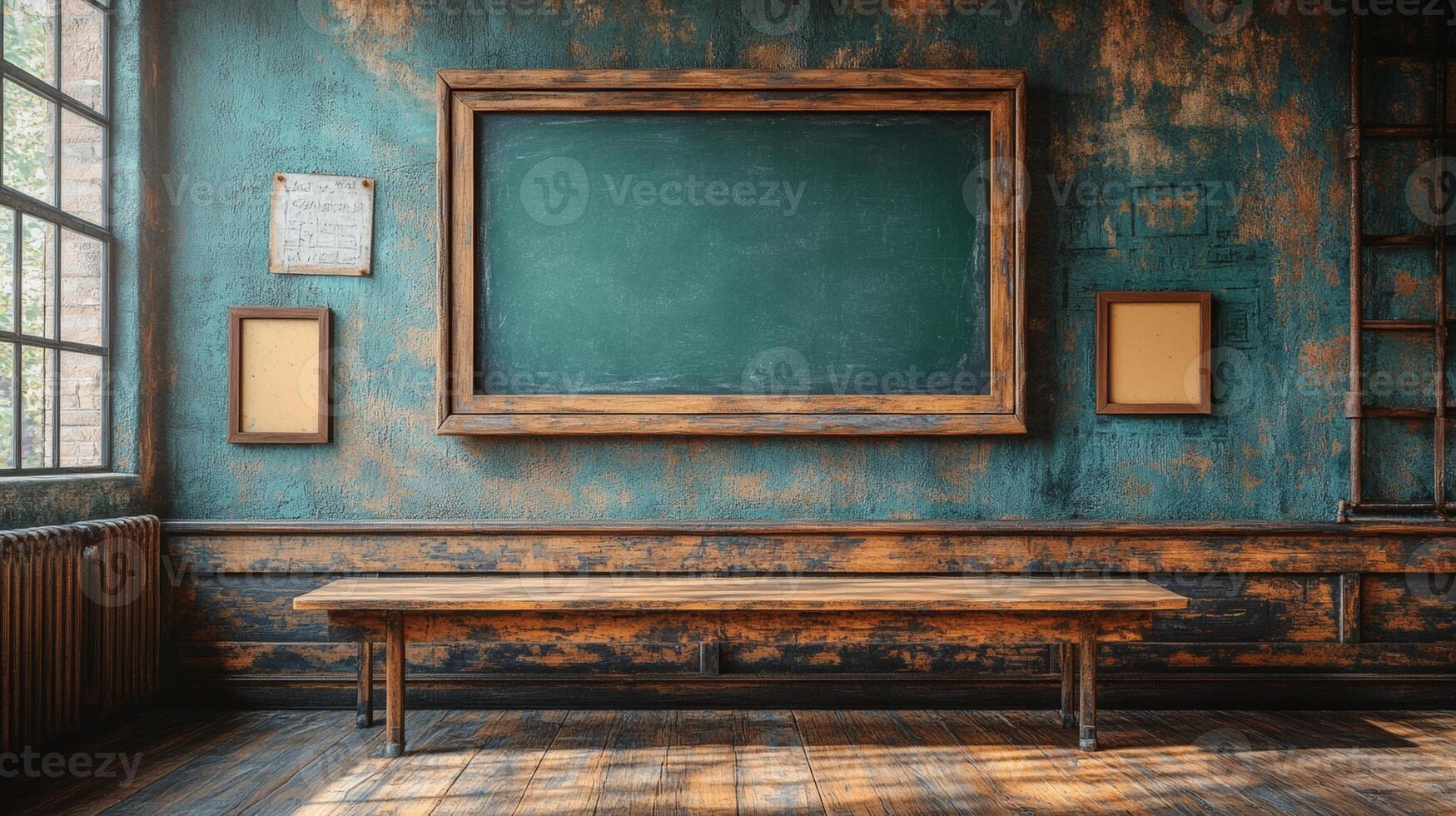 Rustic Classroom Interior, Vintage Chalkboard and Wooden Bench photo