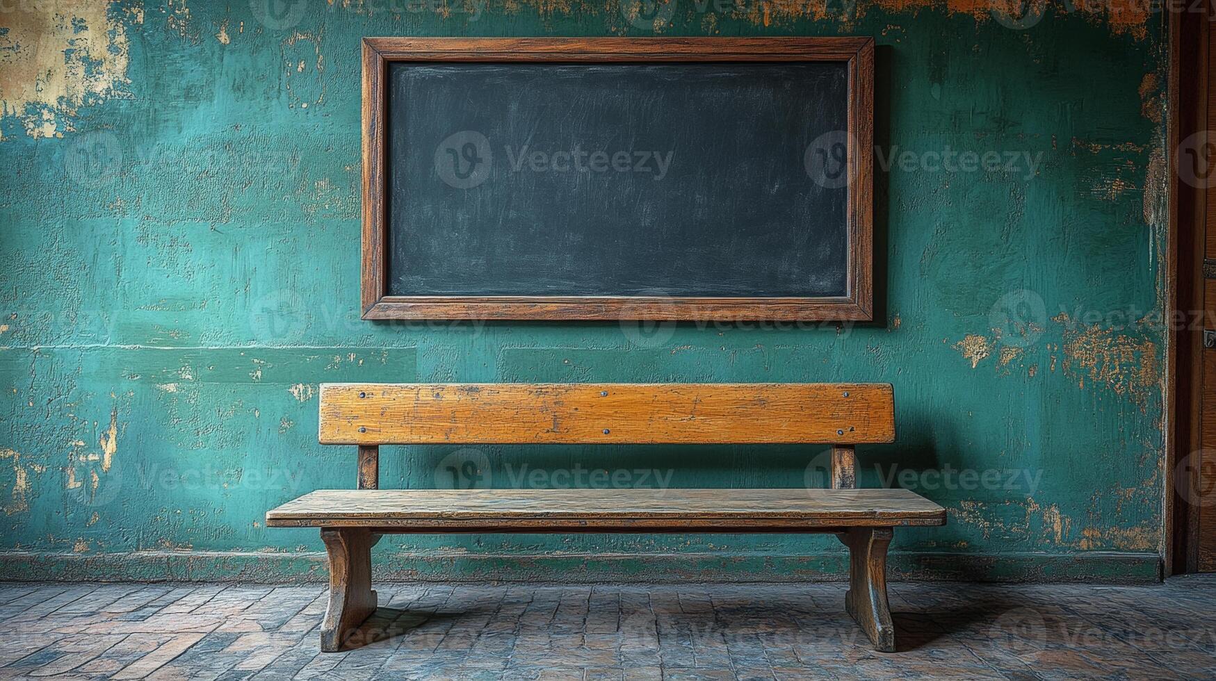 Rustic Classroom Setting, Wooden Bench and Blackboard Against a Weathered Teal Wall photo