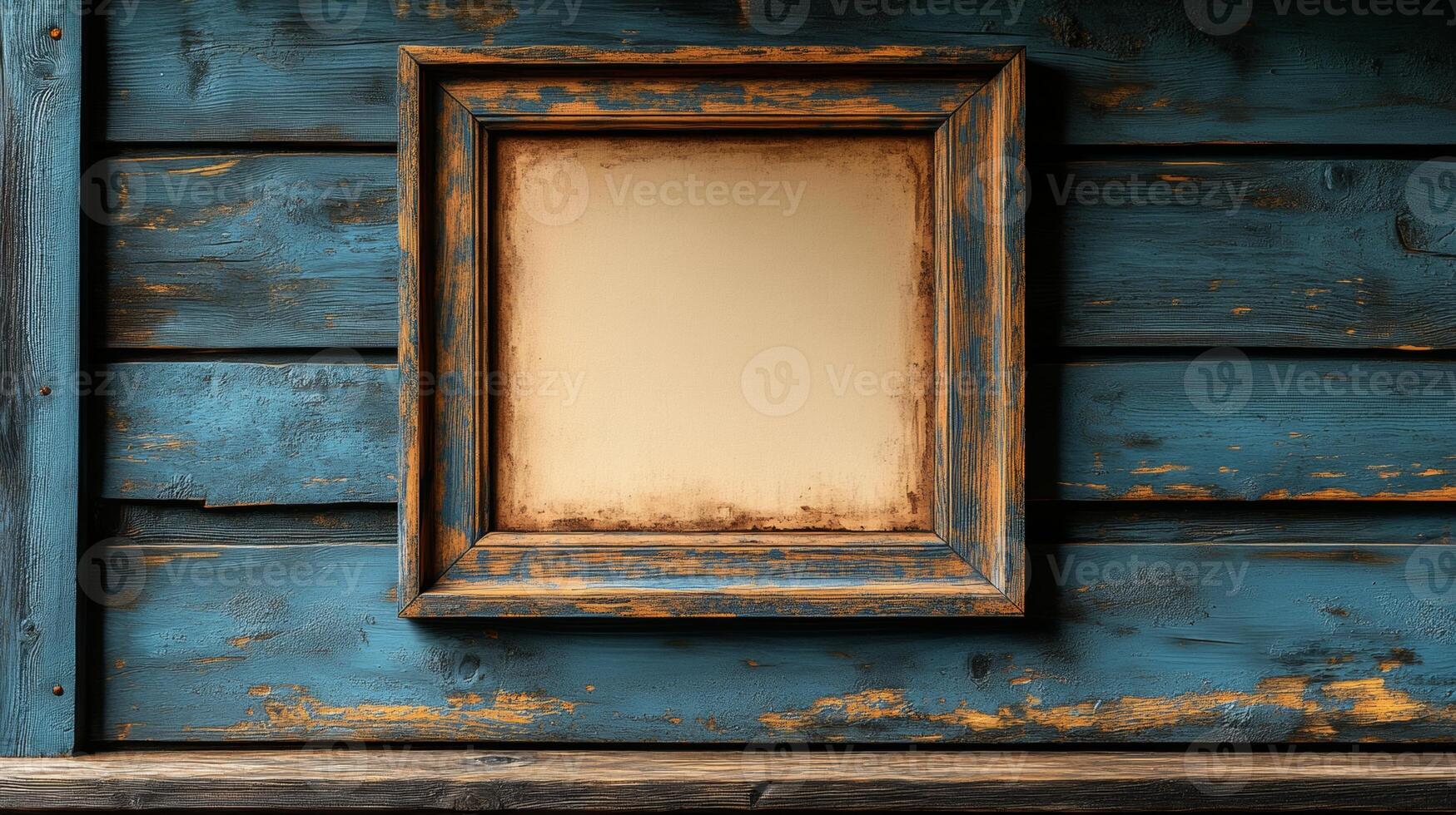 Rustic Wooden Frame on Weathered Teal Wall photo