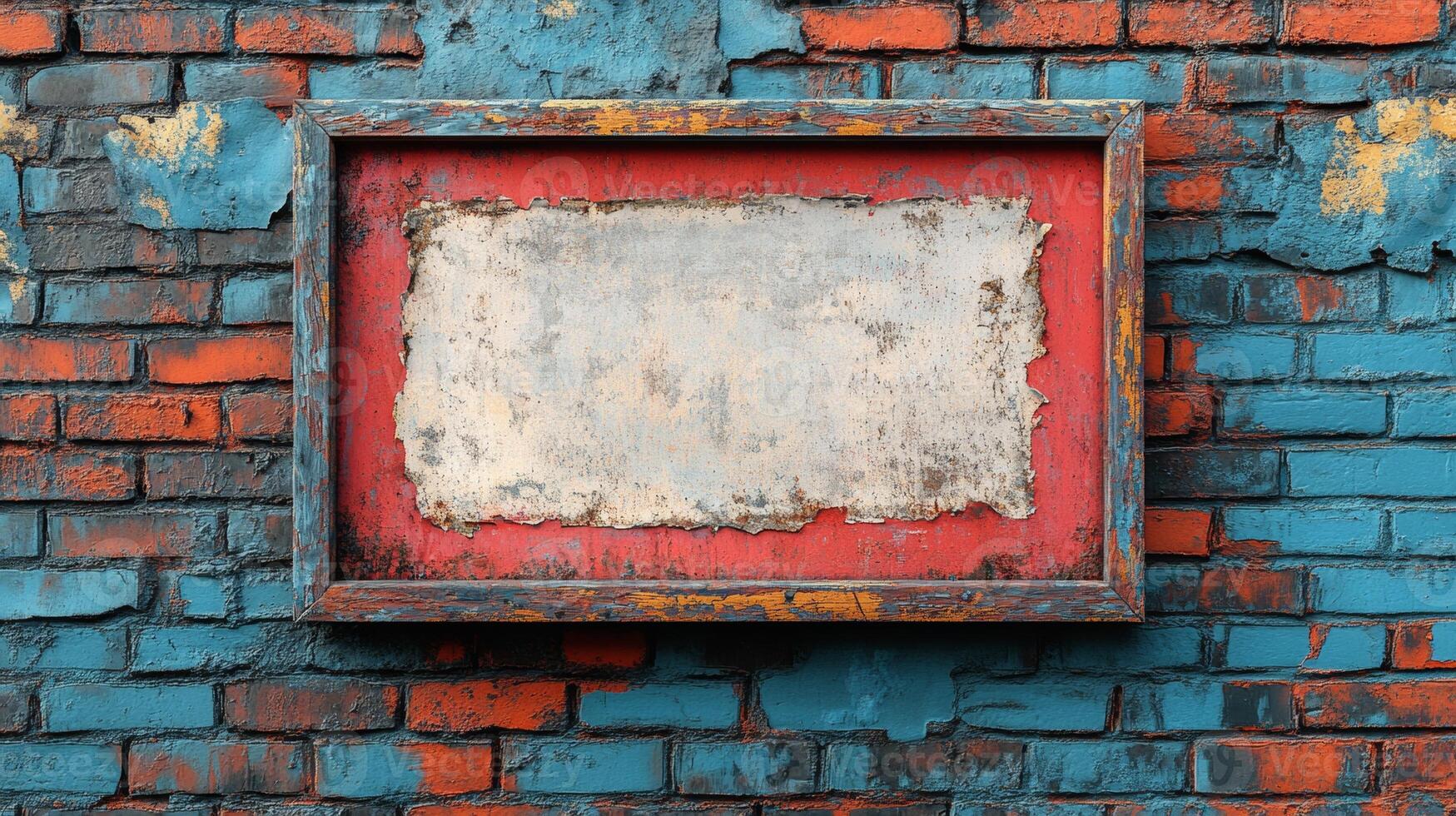 Rustic Wooden Frame on a Weathered Brick Wall photo