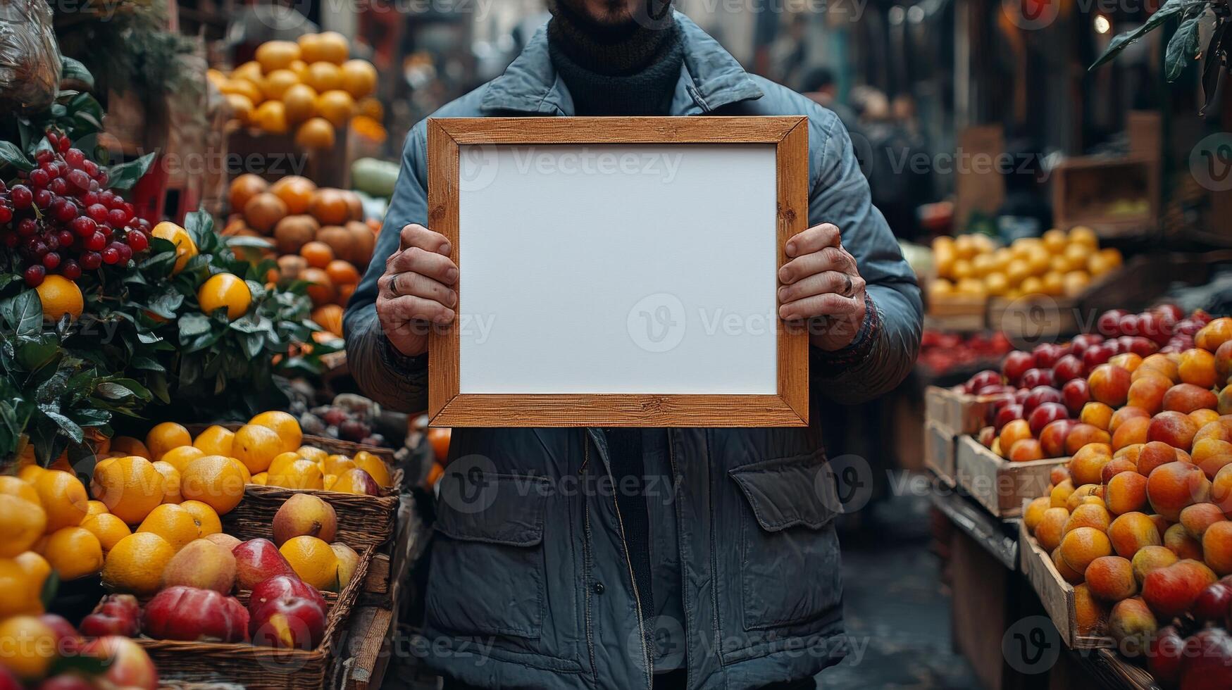 Man Holding Blank Sign at a Farmers Market photo