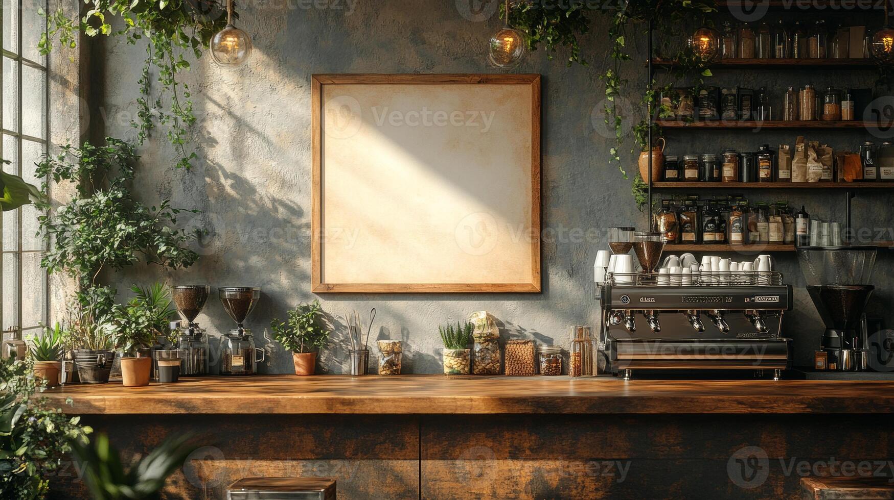 Rustic Coffee Shop Interior Design with Plants and Vintage Espresso Machine photo