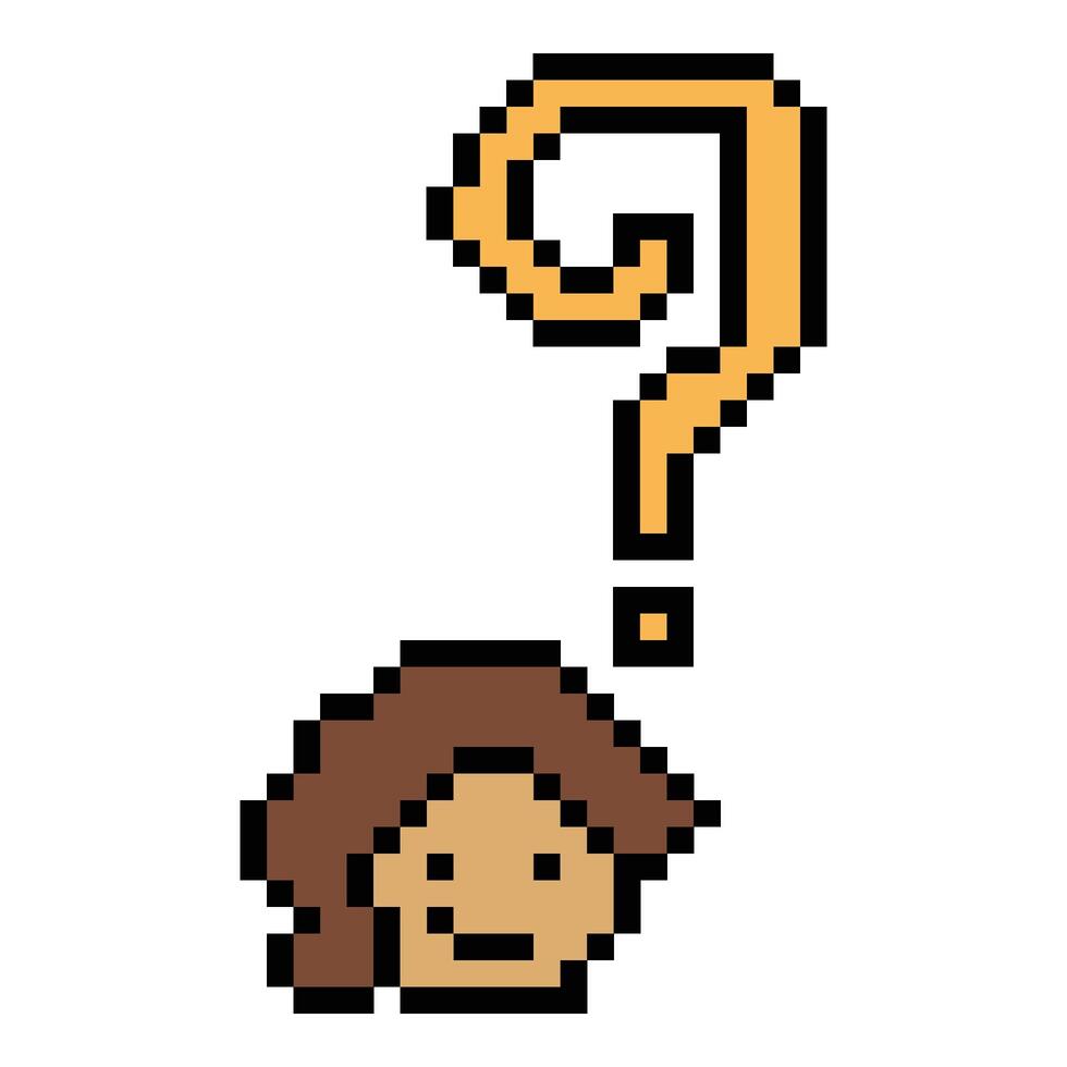 Character lady girl female woman face and question mark quiz question and answer pixel. vector