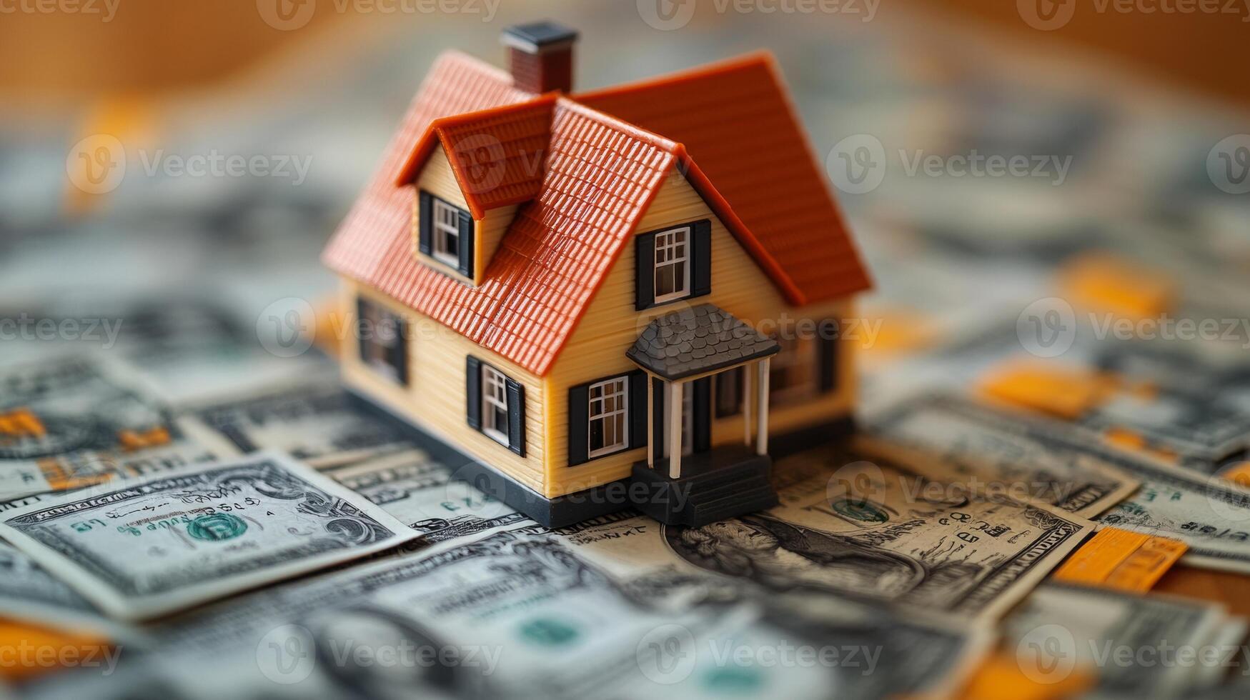 House Model on Dollar Bills, Illustrating Real Estate Costs and Homeownership photo