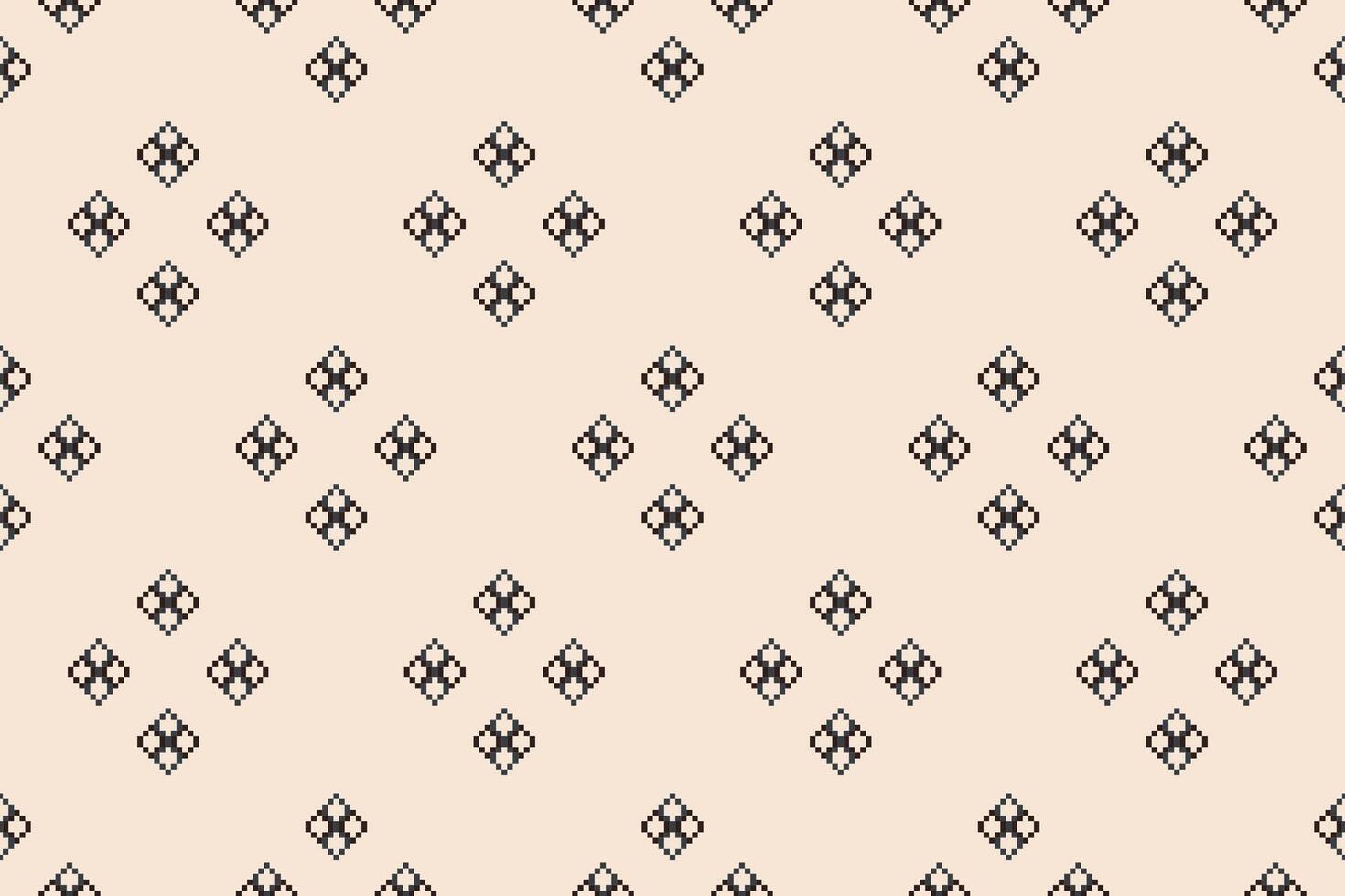 Fabric pattern with brown cream background color cross stitch motif ethnic pattern pixel. vector